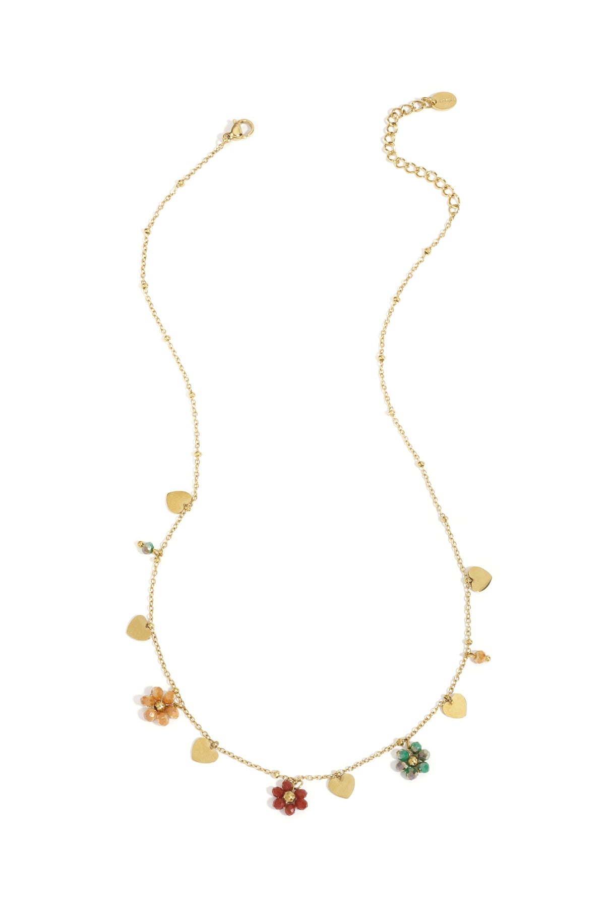 Halsband med färgade blommor och guldhjärtan